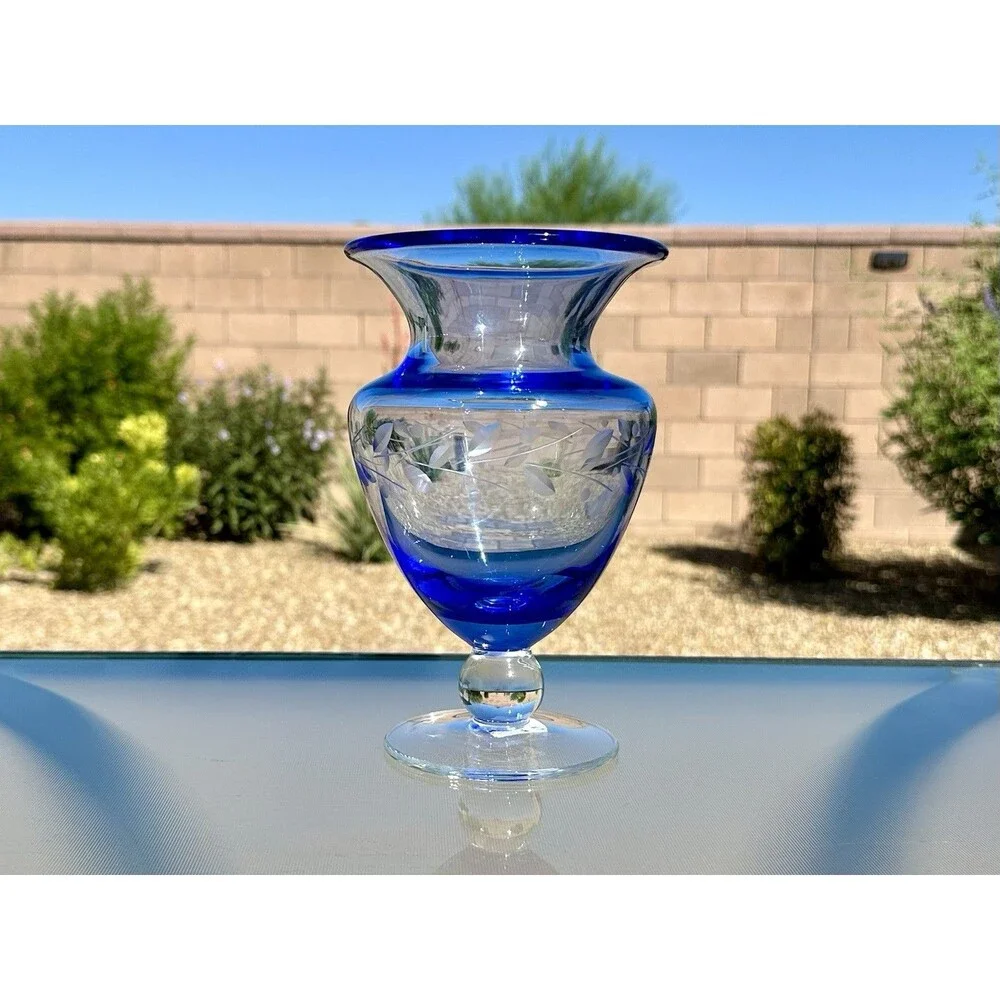 BELLA POTTERY BARN ETCHED Footed Blown Glass Vase w/ Ball Stem Blue 8